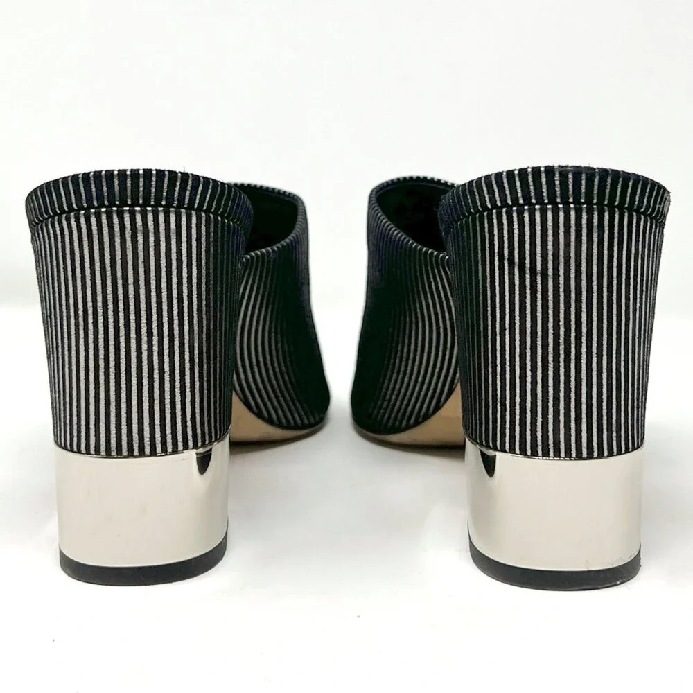 Chanel CC Mule Heels‎ Silver Black Cap Toe Block Heel Sandals 40.5
